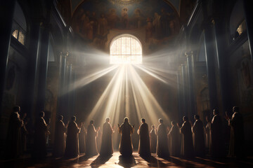 scene of monks praying. Rays of light coming from a church window. Generative AI - obrazy, fototapety, plakaty
