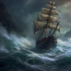 Sailing pirate ship in the stormy sea with big violent waves. Generative AI