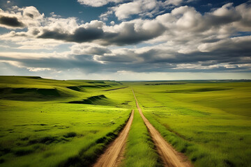 the endless road along the green land with blue sky