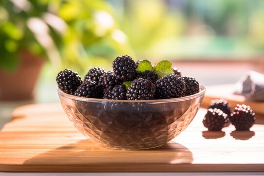 Illustration of a bowl of fresh blackberries on a rustic wooden table created with Generative AI technology