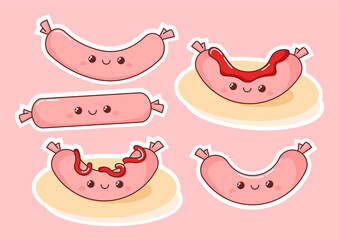 Set of kawaii sausages on pink background