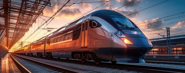 High speed train in motion on the railway station at sunset. Fast moving modern passenger train on railway platform. Railroad with motion blur effect. Generative ai - obrazy, fototapety, plakaty
