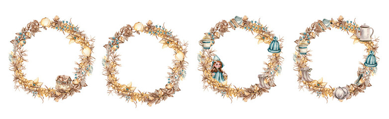 Flowers sea buckthorn wreath, for cards,backgrounds. Watercolor illustration for scrapbooking. Cartoon hand drawn background with flower for kids design.Perfect for wedding invitation.