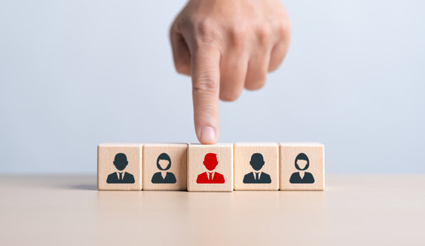 HR Or Manager Hand Choosing Man People Icons On Wooden Cube Blocks. Business Hiring And Recruitment Selection. Employee Lead Choice. Career Opportunity, Good Worker. Human Resource Management Concept.