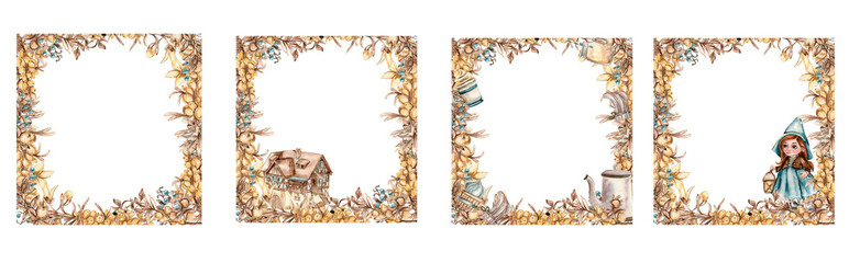 Watercolor hand drawn autumn square frame with sea buckthorn . Illustration of autumn. Perfect for scrapbooking, kids design, wedding invitation, posters, greetings cards, party decoration.