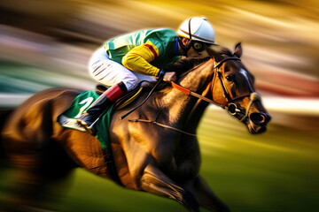 Fototapeta na wymiar A jockey on a horse in motion. A background for horse raceing and horse betting