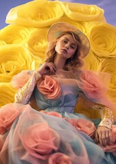 Blooming beauty: a radiant woman adorns a flouncy dress and sun hat, embodying fierce attitude amidst fragrant roses, sculptural accents and artful expression