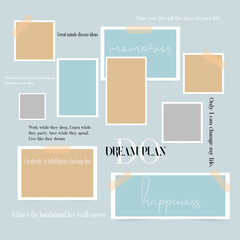 Photo collage template motivation moodboard pictures grids in orange, lilac, blue colors. 