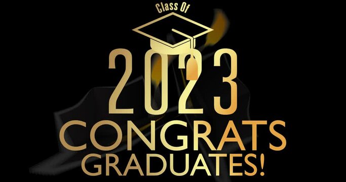 Graduation black and gold Class of 2023 and cap animation. Education concept video. Educational Success with Mortarboard. High school or college graduate, congratulation event, invitation.