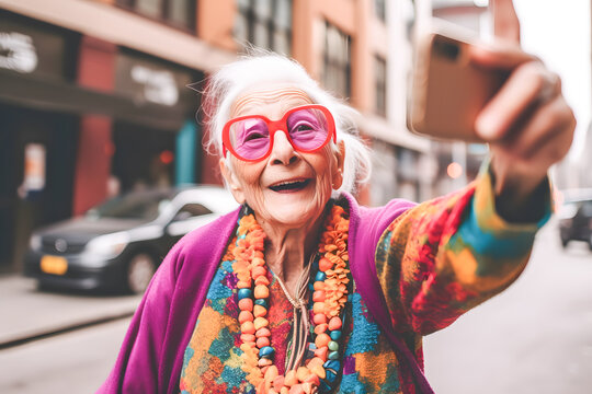 grandmother take a selfie with her phone on street lifestyle concept ai generated art