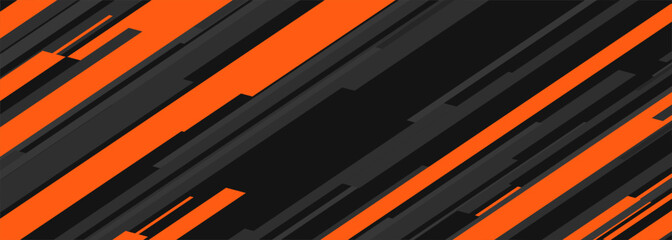 Modern black and orange sports banner design with tech geometric lines. Wide horizontal abstract background. Vector illustration