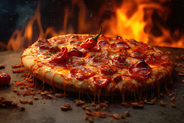 Hot juicy fresh spicy red pepper pizza, traditional italian hot oven food