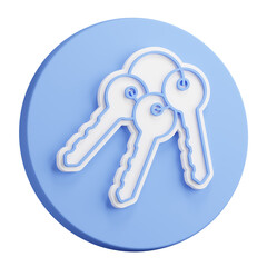 3D button rendering of Bunch of keys on ring from lock of front door of residential building. Round handle key. Realistic blue white PNG illustration isolated on transparent background