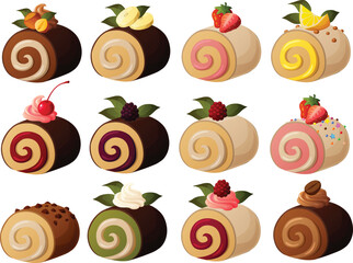Cute vector illustration of various cake swiss roll slices with fillings and toppings.