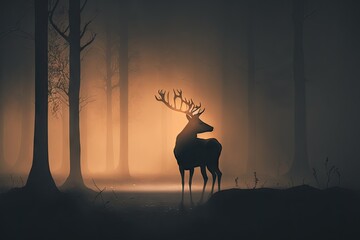 Silhouette of a deer in a misty forest