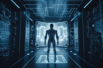 AI Robot Standing in Futuristic High Tech Room Glowing Lights Spaceship Figure Man Alien Technology Future Advanced Man Generative AI