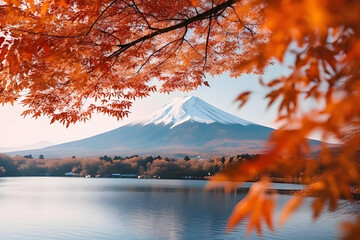 Mountain Fuji in Japan's autumn close-up View