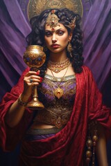 A woman dressed in purple and scarlet holding a golden cup Bible Revelation Generative AI Illustration - obrazy, fototapety, plakaty