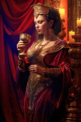 A woman dressed in purple and scarlet holding a golden cup Bible Revelation Generative AI Illustration - obrazy, fototapety, plakaty