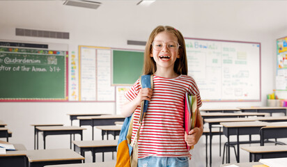 Girl with backpack in the school