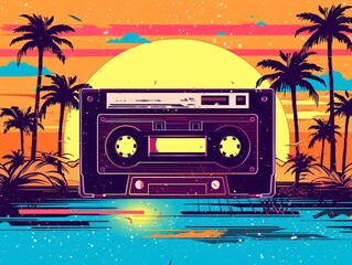 Vibrant and nostalgic design featuring a classic cassette tape adorned with a lively mix of colorful music notes, capturing the essence of retro vibes and the joy of music