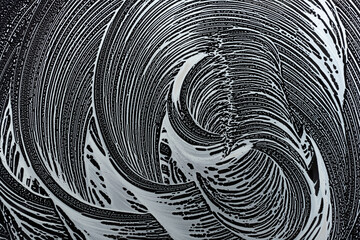 soap foam circles swirl on window glass, window cleaning in spring, black and white
