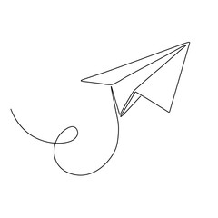 Continuous one line drawing of isolated vector object paper airplane is flying
