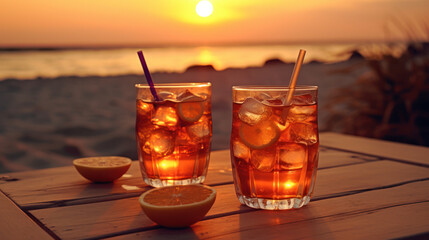 Sunset Serenity: Enjoying a Non-Alcoholic Longrink on the Beach. Generative AI