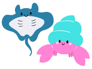 Ray and Crab animal underwater ocean beach doodle character cute drawing