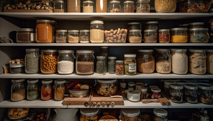 A large collection of organic spices in glass containers on shelves generated by AI