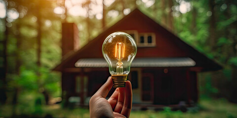 Individual Holding Light Bulb Against Home Backdrop, Symbolizing Home Energy Efficiency