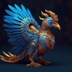 An elaborate blue and gold bird with horns