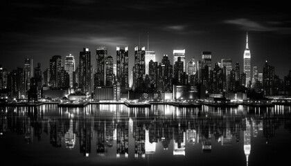 Fototapeta na wymiar Modern skyscrapers illuminate waterfront skyline in famous international landmark city generated by AI