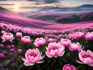 Generative Ai, AI Generated art, Beautiful peony Flower Field, beautiful view of peony flower field, charming peony garden, blooming flower field view, close up beautiful flower field view