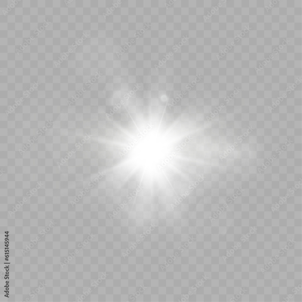 Poster white glowing light explodes on a transparent background. bright star. transparent shining sun, brig