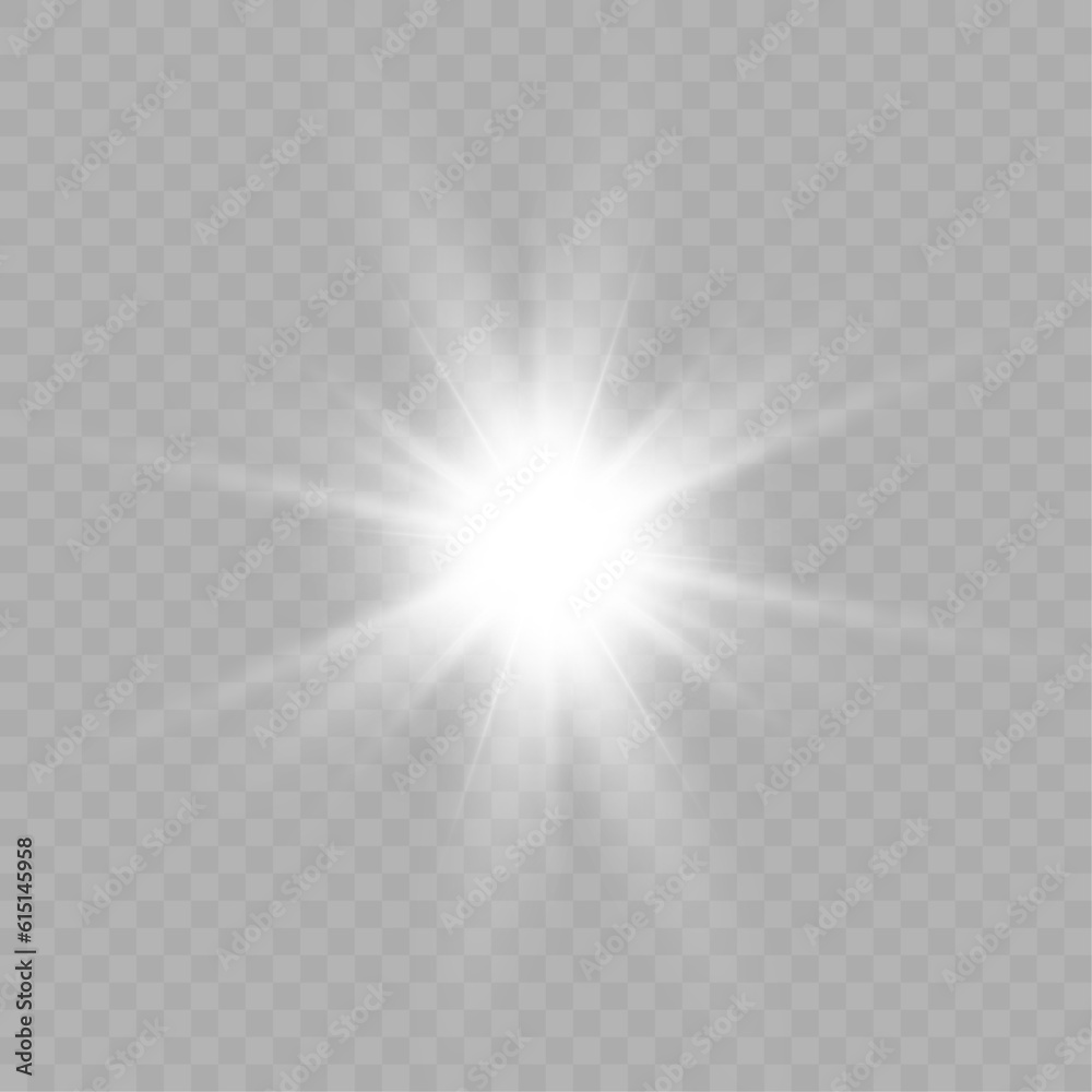 Poster white glowing light explodes on a transparent background. bright star. transparent shining sun, brig