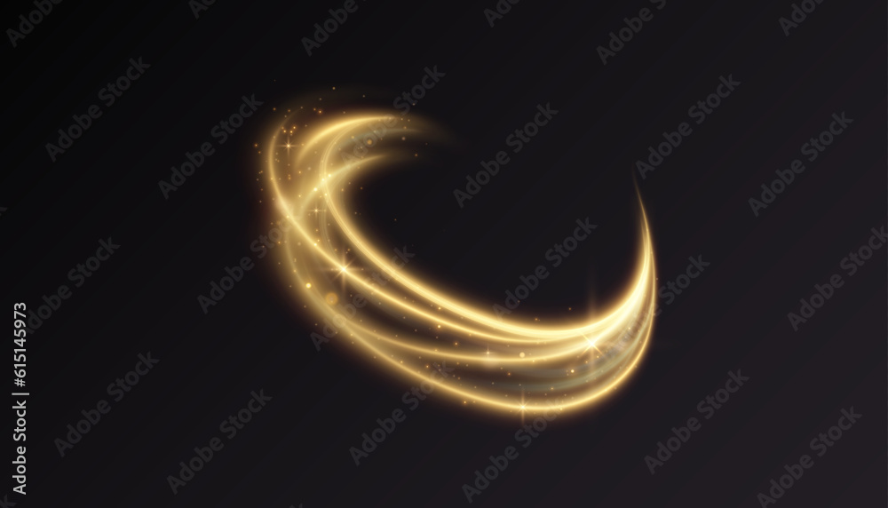 Poster Dynamic gold lines with glow effect. Rotating shiny semi-rings. Abstract sparkling swirl, wave.	
