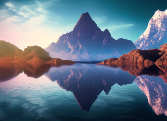 Fototapeta na wymiar 3d render fantasy landscape panorama with mountains reflecting in the water Abstract. Generative AI