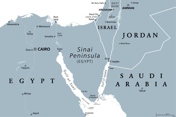 Sinai Peninsula, gray political map. Peninsula in Egypt, located between Mediterranean and Red Sea, a land bridge between the continents Asia and Africa. With parts of Israel, Jordan and Saudi Arabia. - obrazy, fototapety, plakaty