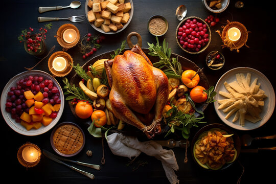 roasted turkey with vegetables and herbs is a traditional dish for thanksgiving or christmas day. ai generative