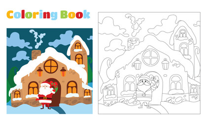Fototapeta premium Christmas coloring book for children and adults. Santa Claus is standing near the door of his house against the backdrop of a fabulous winter landscape. Vector Christmas illustration.