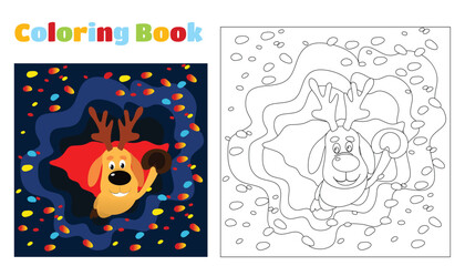Christmas coloring book for children and adults. A Christmas Deer in a red cloak flies in the blue sky as a superhero with one hand forward.