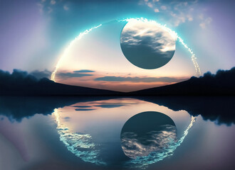 A beautiful landscape view of half cloudy circle on reflecting on water at night. Generative AI