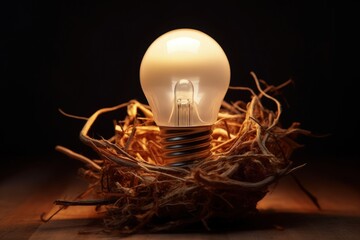 Light bulb surrounded by a nest, symbolizing the nurturing and development of ideas before they fully emerge, Generative AI