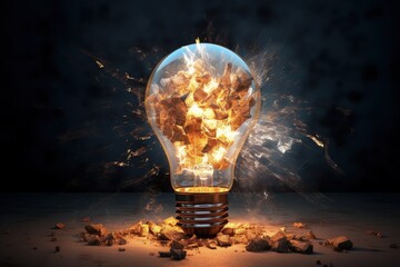 Shattered light bulb with ideas or inspiration bursting out from within, symbolizing the breakthrough of limitations and the birth of new concepts, Generative AI