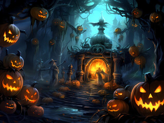Fototapeta na wymiar Spooky Halloween Scene with Pumpkins and Tomb, Moonlit Background. Greeting Card or Party Invite.