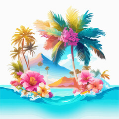 Fototapeta na wymiar Illustration palm tree summer vibe watercolor painting style, vector
