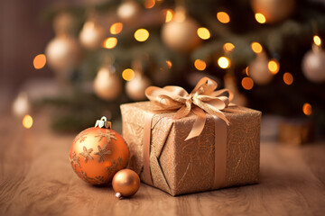 Fototapeta na wymiar Beautiful Christmas banner with Christmas decorations, gift boxes. ai generative