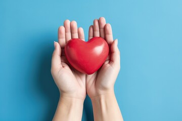 Hands holding heart isolated on blue background, Generative AI

