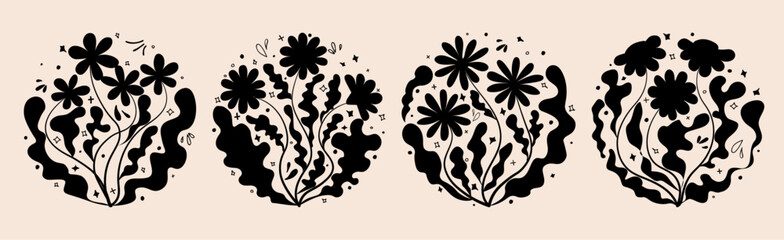Contemporary organic naive flowers posters. Abstract collage set Matisse inspired with scribbles curves. geometric minimalist algae silhouette composition in a retro hippie 60s 70s style.